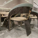 Barrel-Back Dining Chair with Woven Leather Accents, High-Gloss Wood Frame and Vertical Back Strap